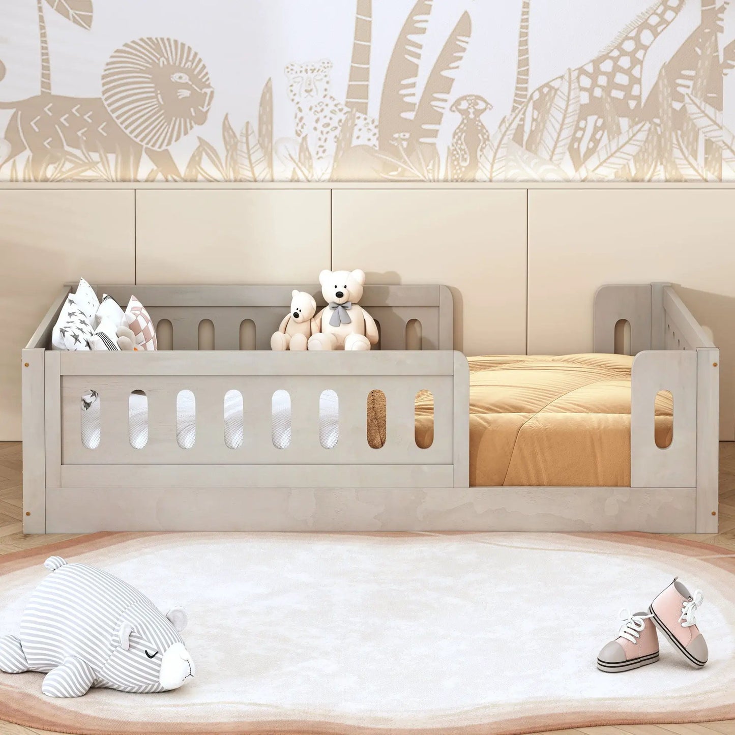 Platform bed with guardrail in light gray wood finish, teddy bears on mattress on Tampa Home & Garden Store