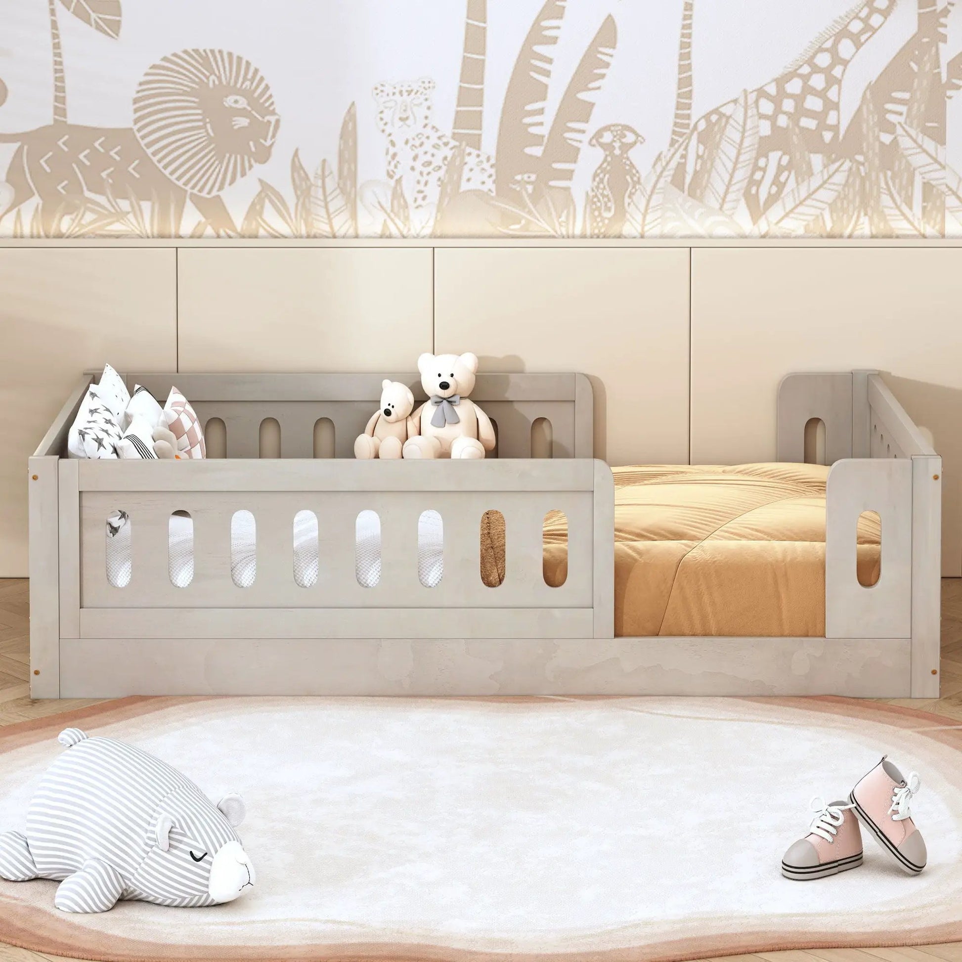 Platform bed with guardrail in light gray wood finish, teddy bears on mattress on Tampa Home & Garden Store