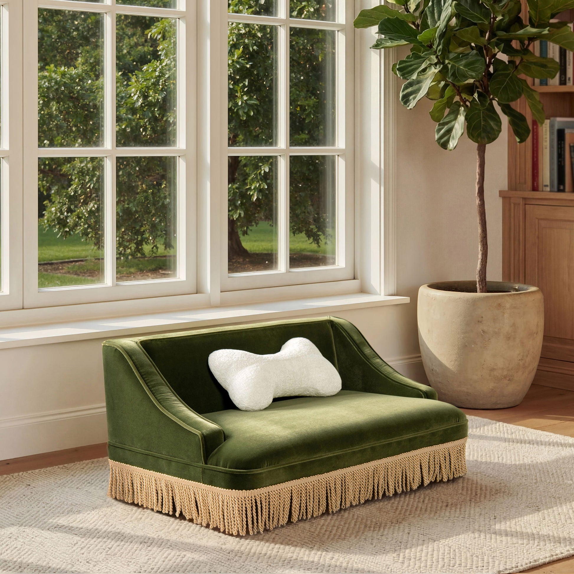 Duchess Pet Bed Sofa by HouseOfZazla in green velvet with beige fringe and white pillow on Tampa Home & Garden Store