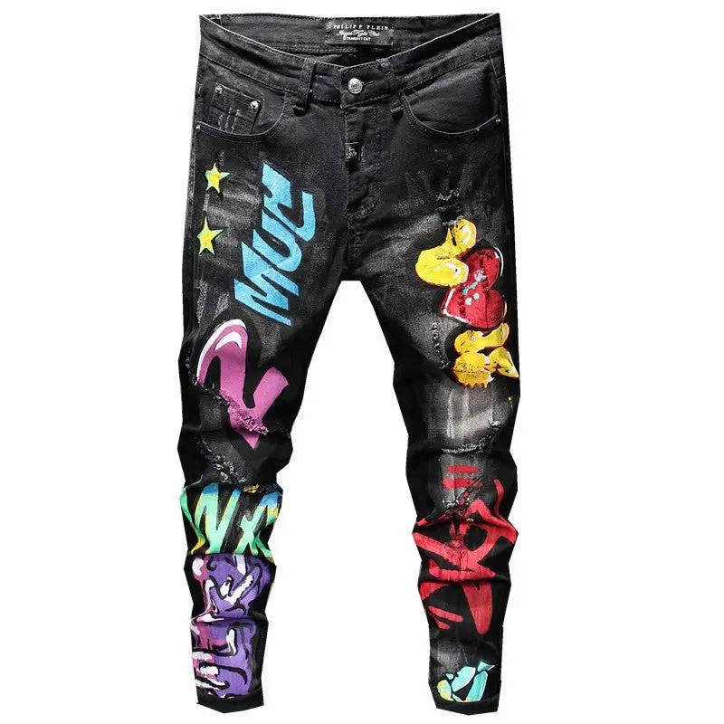 Men’s urban slim-fit black denim jeans with vibrant multicolor graffiti art by FLIPSTYLEZLLC on Tampa Home & Garden Store
