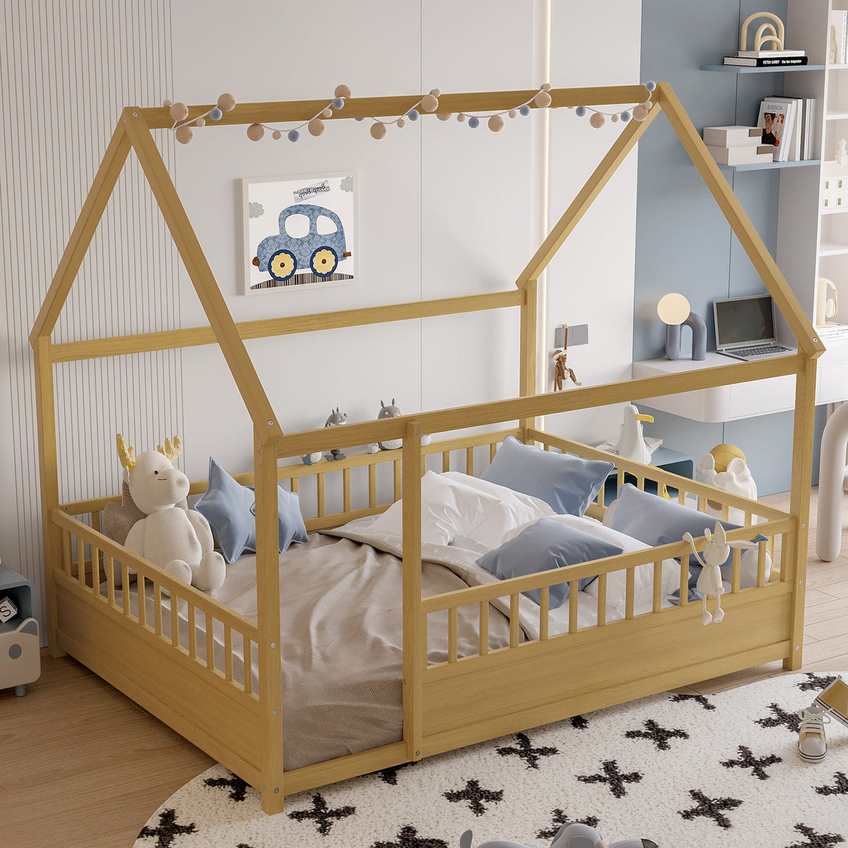 Full size wooden bed frame with house-roof silhouette in natural wood, pastel bedding on Tampa Home & Garden Store