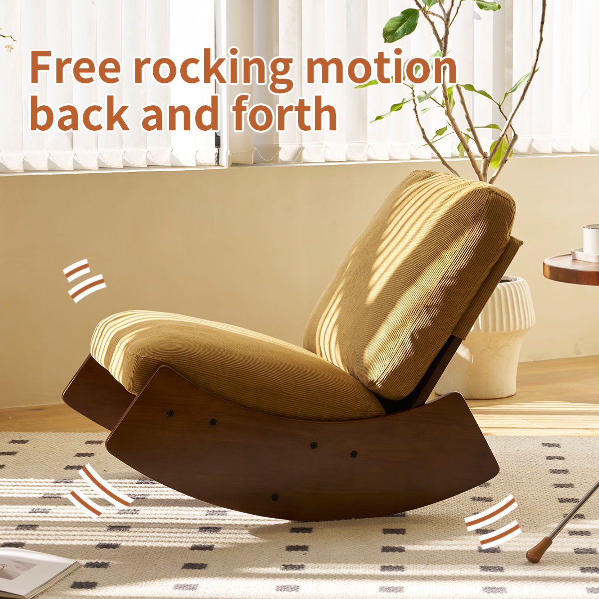 Upholstered glider rocking chair with a solid wood frame in tan fabric, HouseOfZazla on Tampa Home & Garden Store