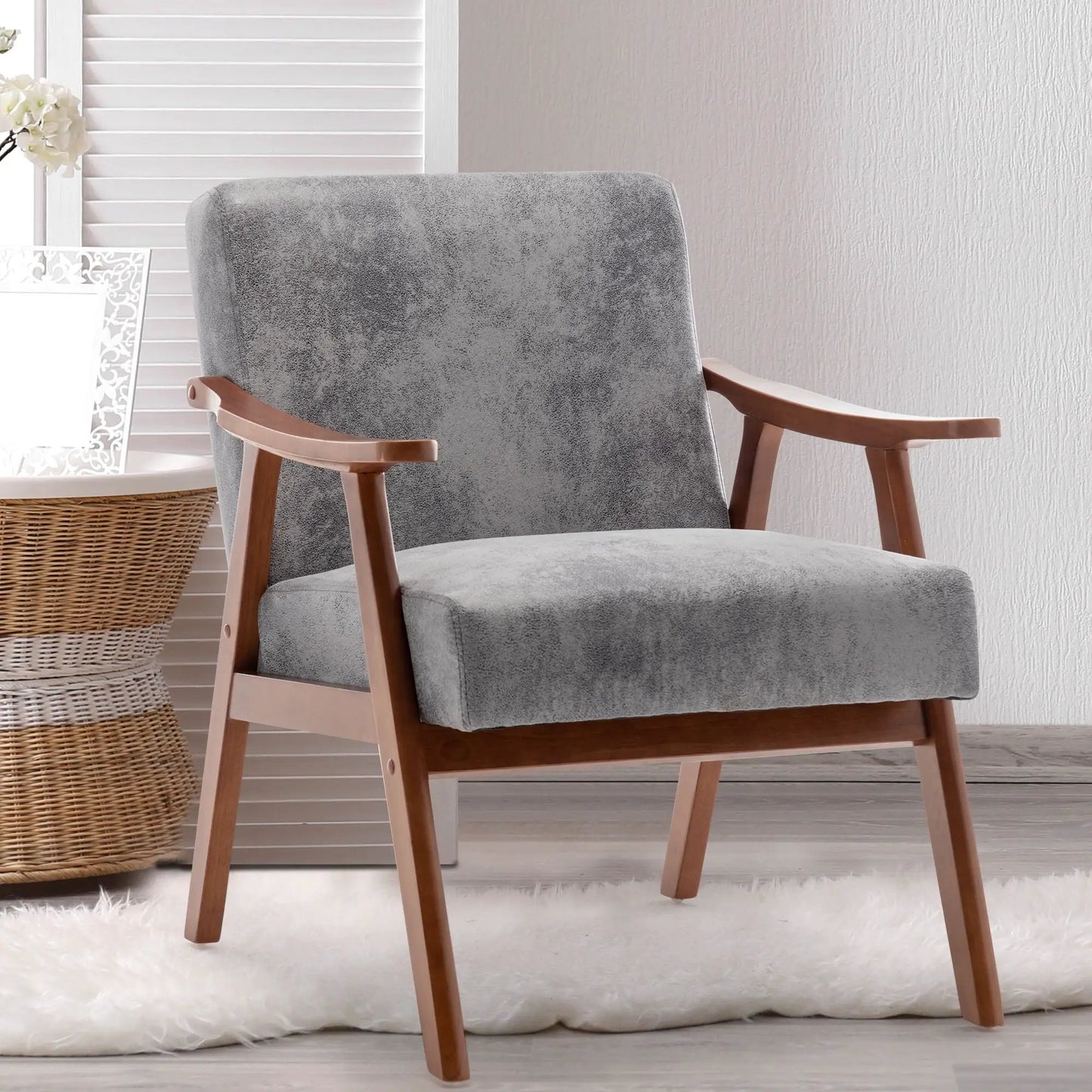 Mid Century Modern Accent Chair with solid wood frame and extra thick backrest in gray textured fabric on Tampa Home & Garden Store