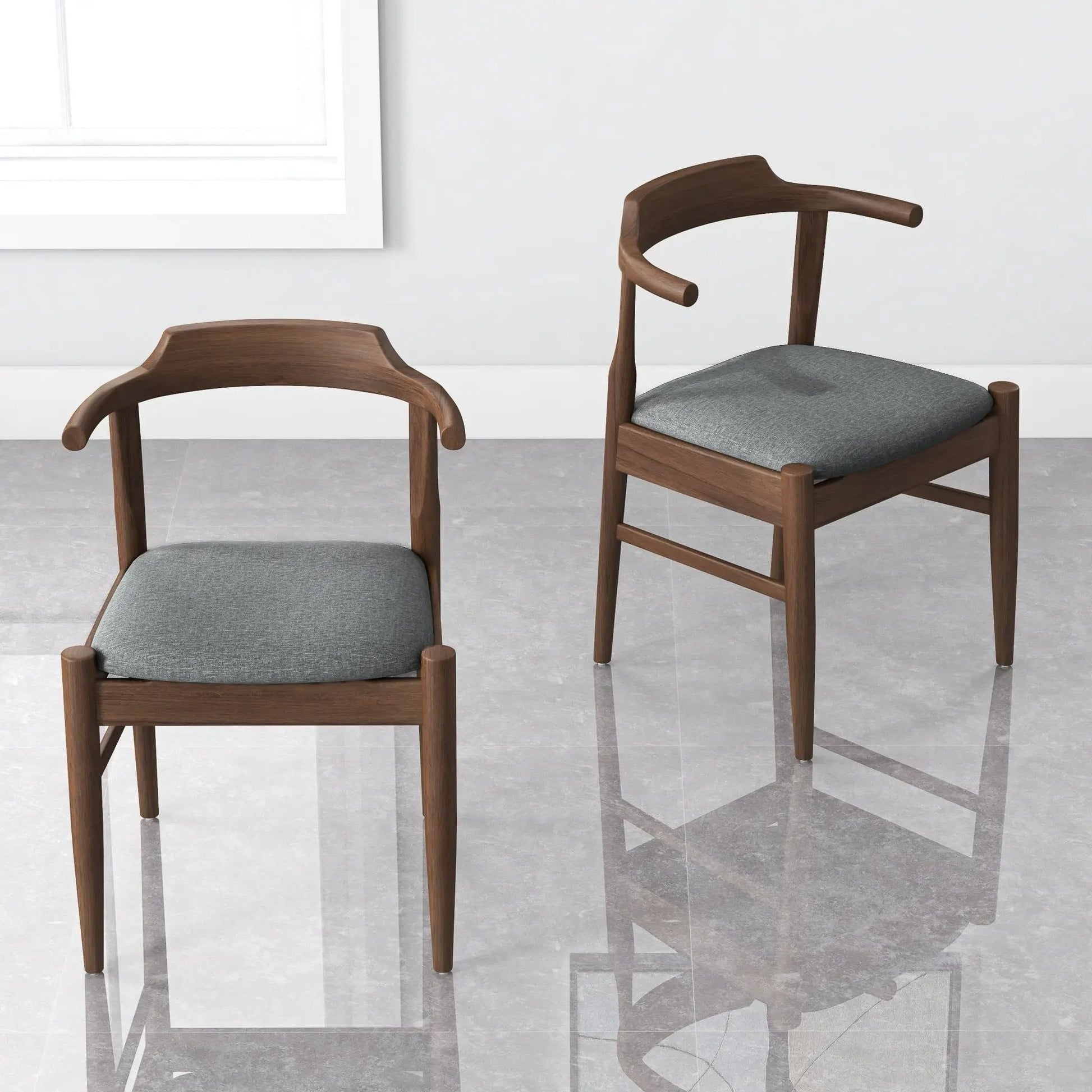 Leon mid-century dining chair set of 2 with brown wood frames and gray fabric seats on Tampa Home & Garden Store