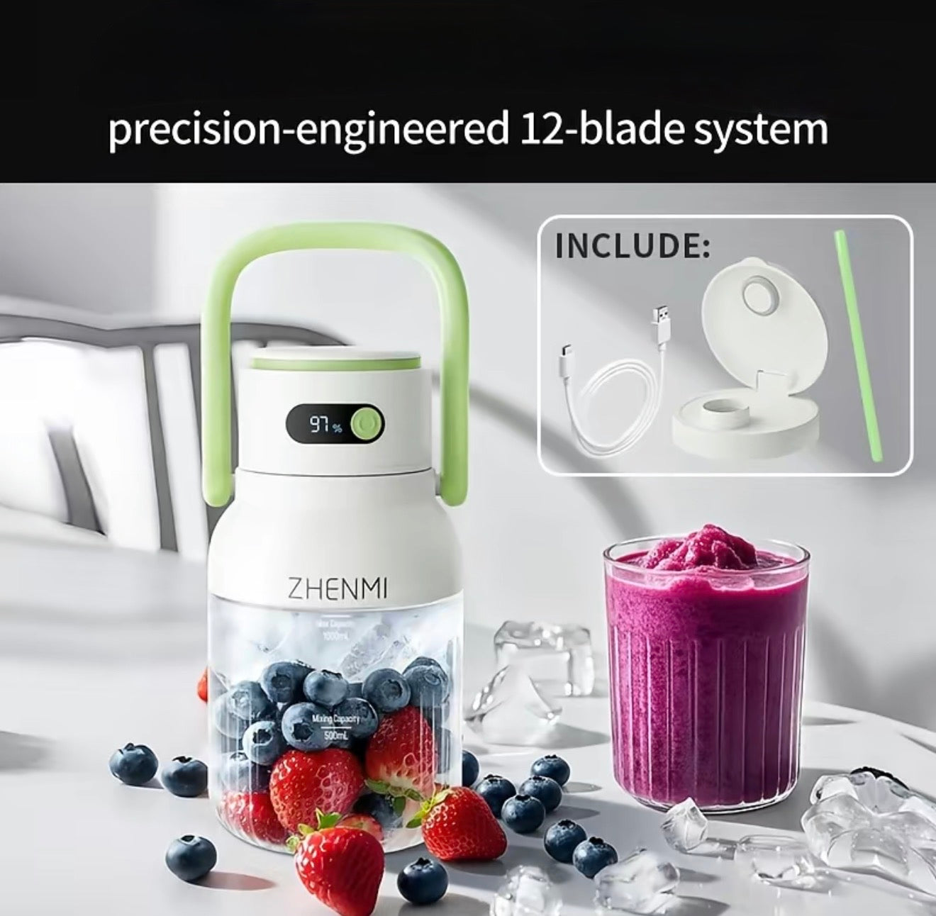 BlendGo Portable Blender lime-green handle with berry-filled jar; ZHENMI logo, 12-blade system on Tampa Home & Garden Store