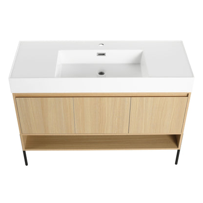 Modern bathroom vanity with resin sink, white top, oak veneer cabinet and black hairpin legs on Tampa Home & Garden Store