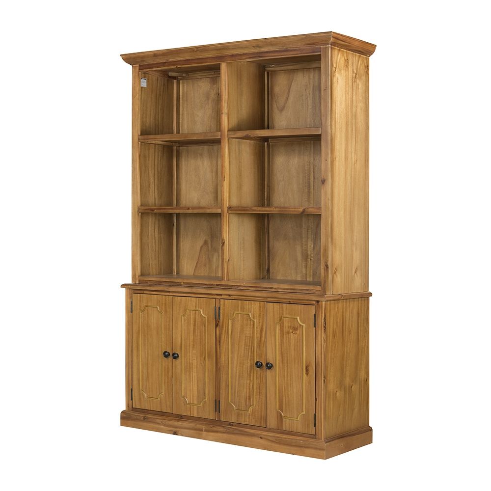 French Country Acacia bookcase with open shelves and four-door cabinet for ample storage on Tampa Home & Garden Store