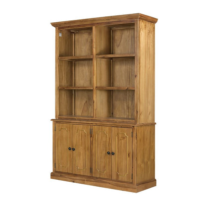 French Country Acacia bookcase with open shelves and four-door cabinet for ample storage on Tampa Home & Garden Store
