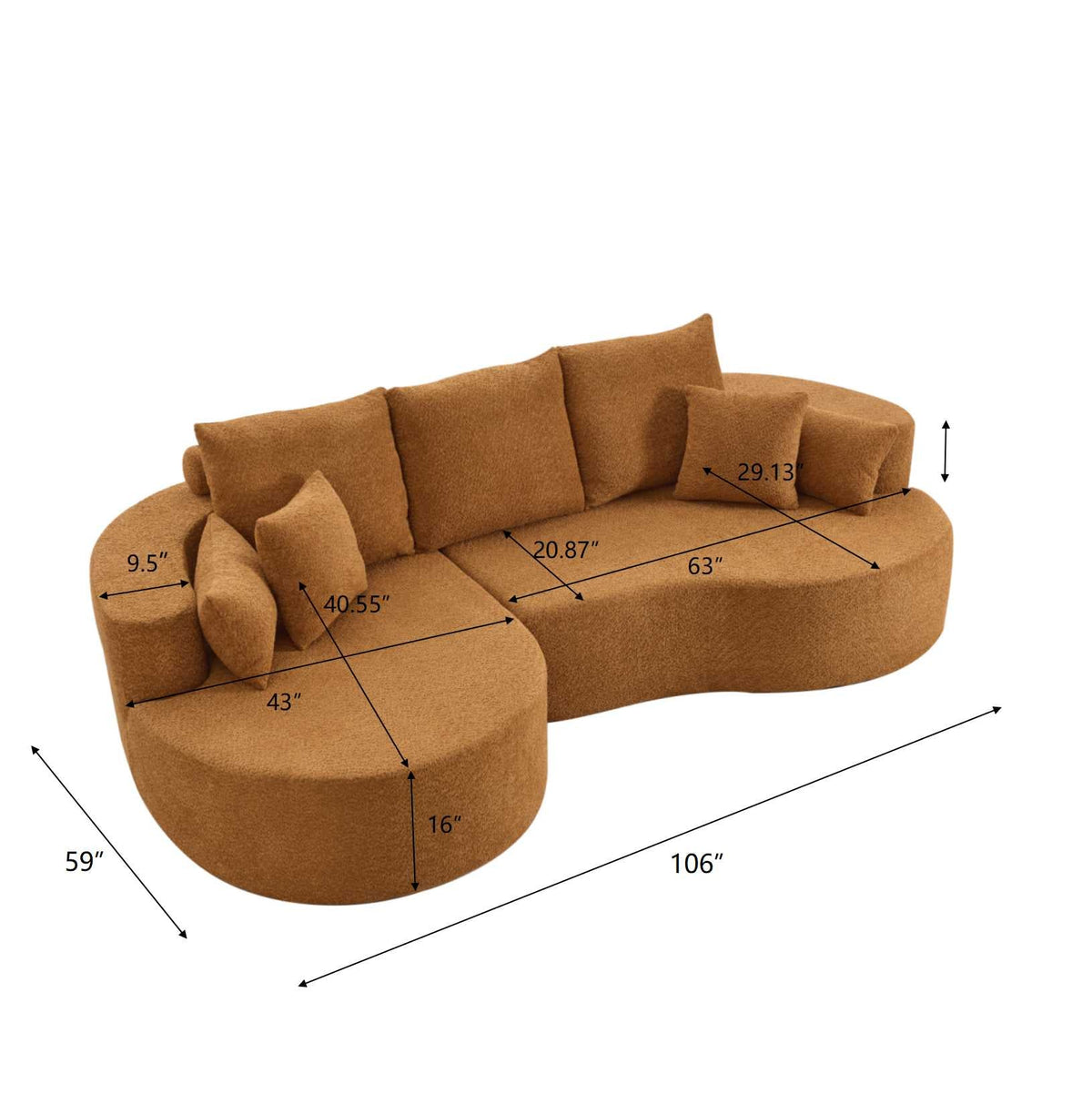 106 in curved fabric cloud sectional with chaise lounge in camel boucle by HouseOfZazla on Tampa Home & Garden Store