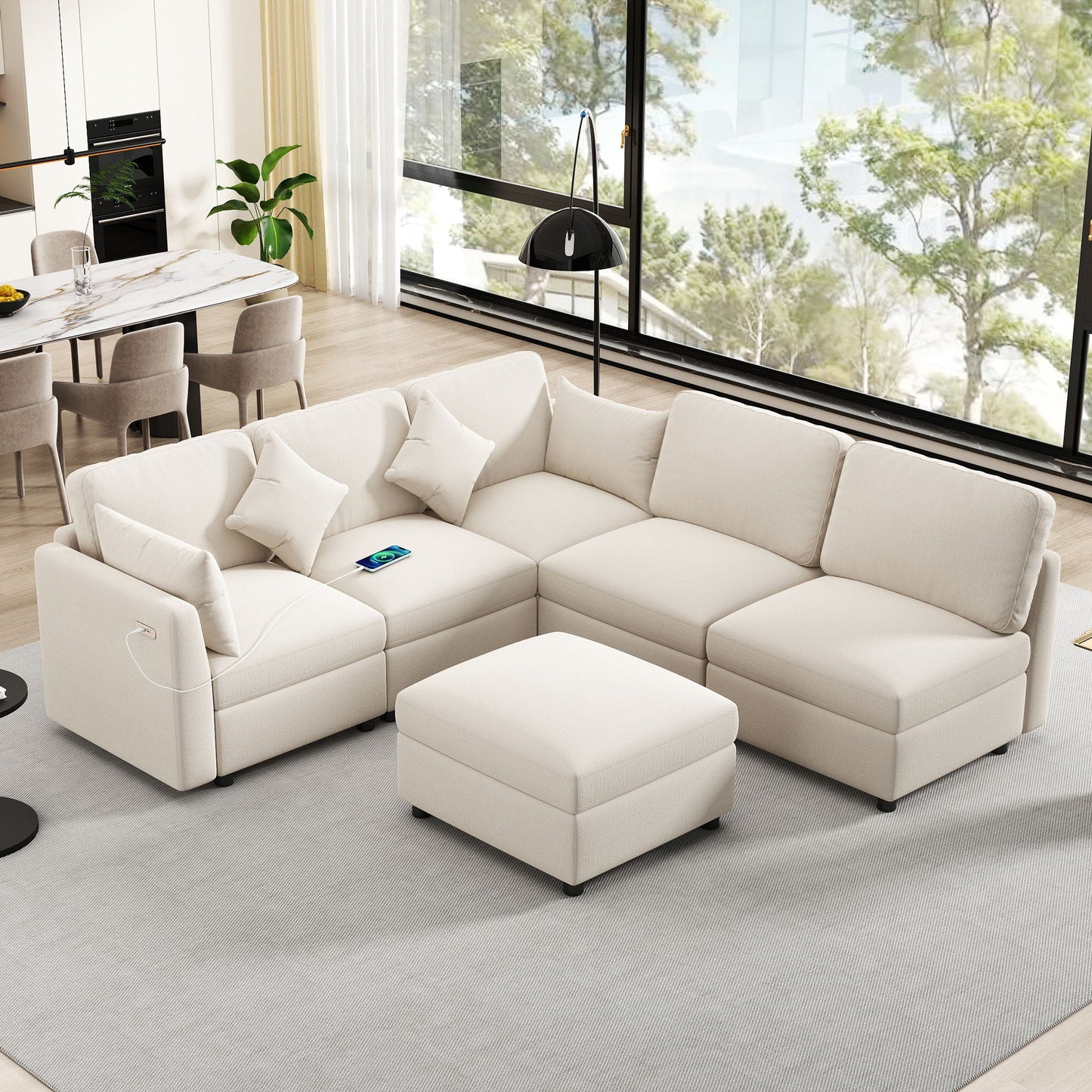 Modular U-shaped sectional sofa with ottoman in beige fabric; 2-piece set with USB ports on Tampa Home & Garden Store
