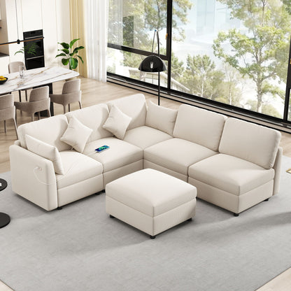 Modular U-shaped sectional sofa with ottoman in beige fabric; 2-piece set with USB ports on Tampa Home & Garden Store