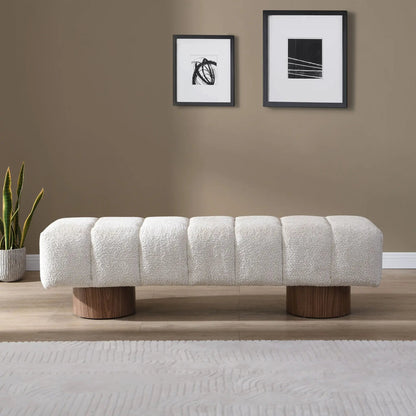 Upholstered dining bench in white boucle fabric with rounded wooden legs for dining room on Tampa Home & Garden Store