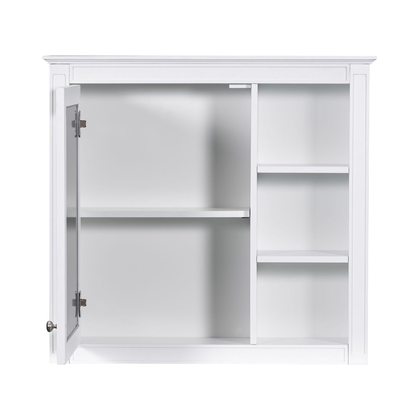 White bathroom vanity with medicine cabinet, open door reveals interior shelves, modern storage on Tampa Home & Garden Store