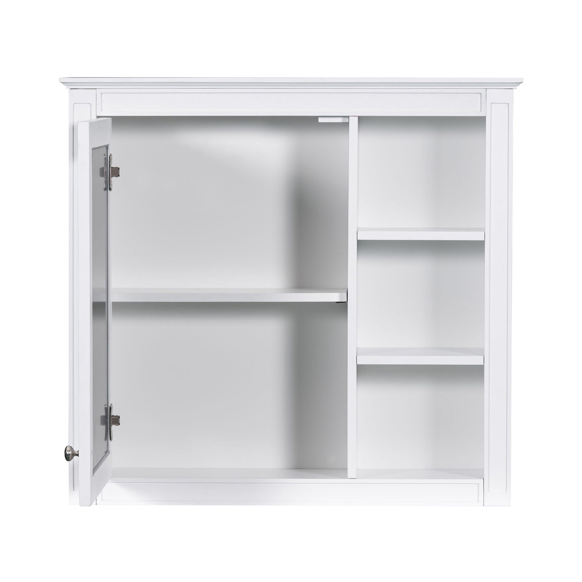 White bathroom vanity with medicine cabinet, open door reveals interior shelves, modern storage on Tampa Home & Garden Store