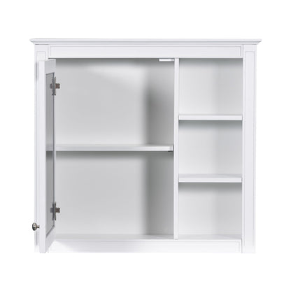 White bathroom vanity with medicine cabinet, open door reveals interior shelves, modern storage on Tampa Home & Garden Store