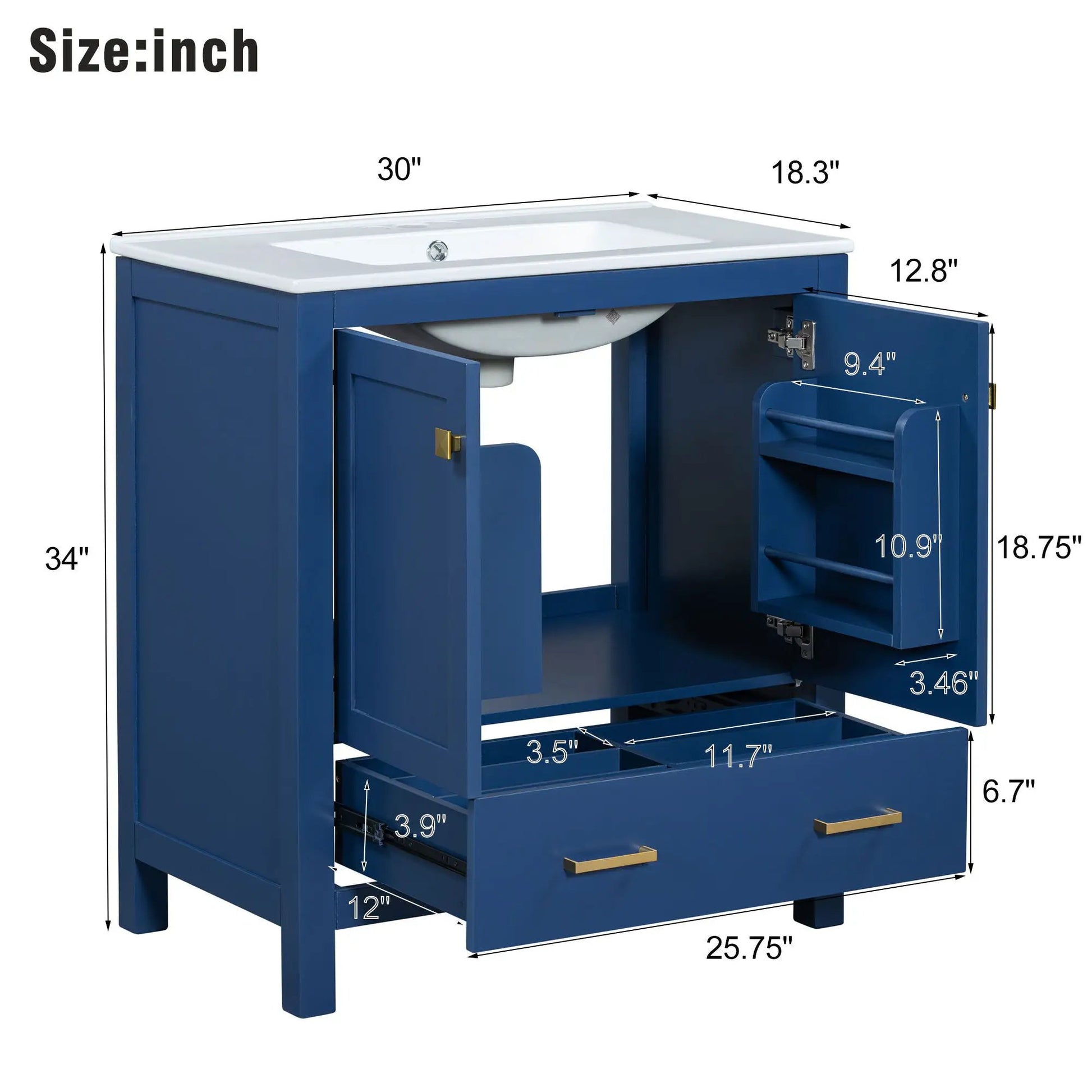 Blue bathroom vanity with white countertop and undermount sink, two-door cabinet with drawer on Tampa Home & Garden Store