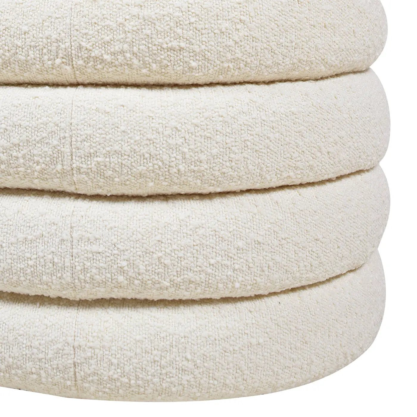 Fuji upholstered oval storage bench in cream boucle fabric with plush stacked cushions on Tampa Home & Garden Store