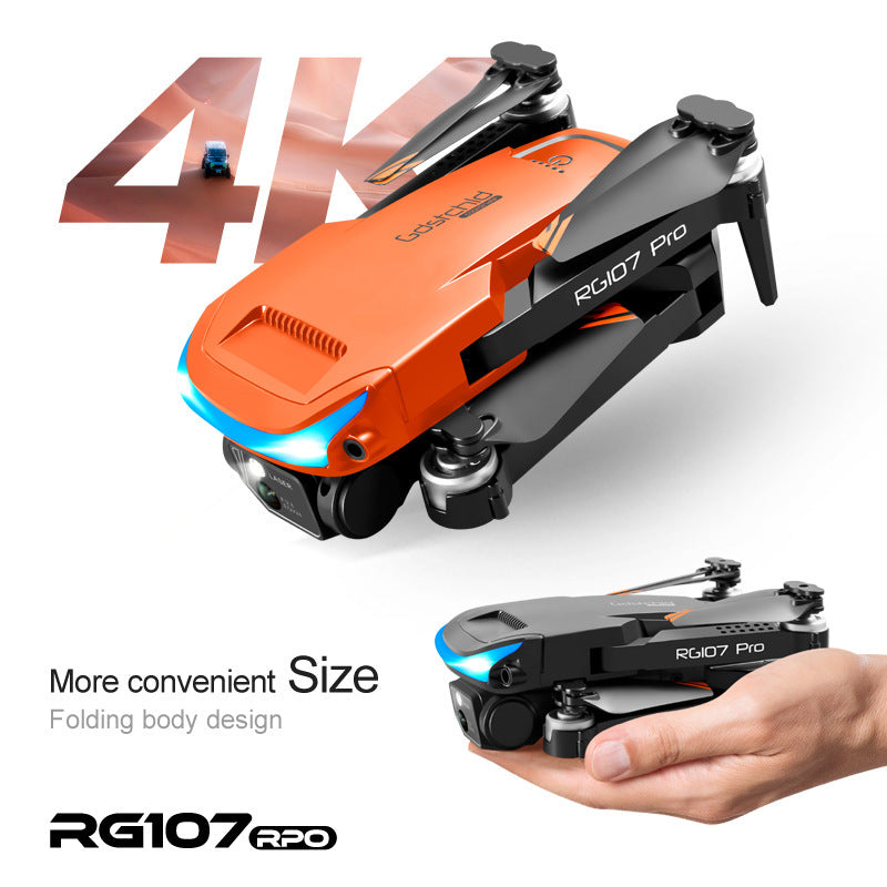 Drone RG107 Pro 4K dual-camera quadcopter with obstacle avoidance, orange body and blue LEDs on Tampa Home & Garden Store