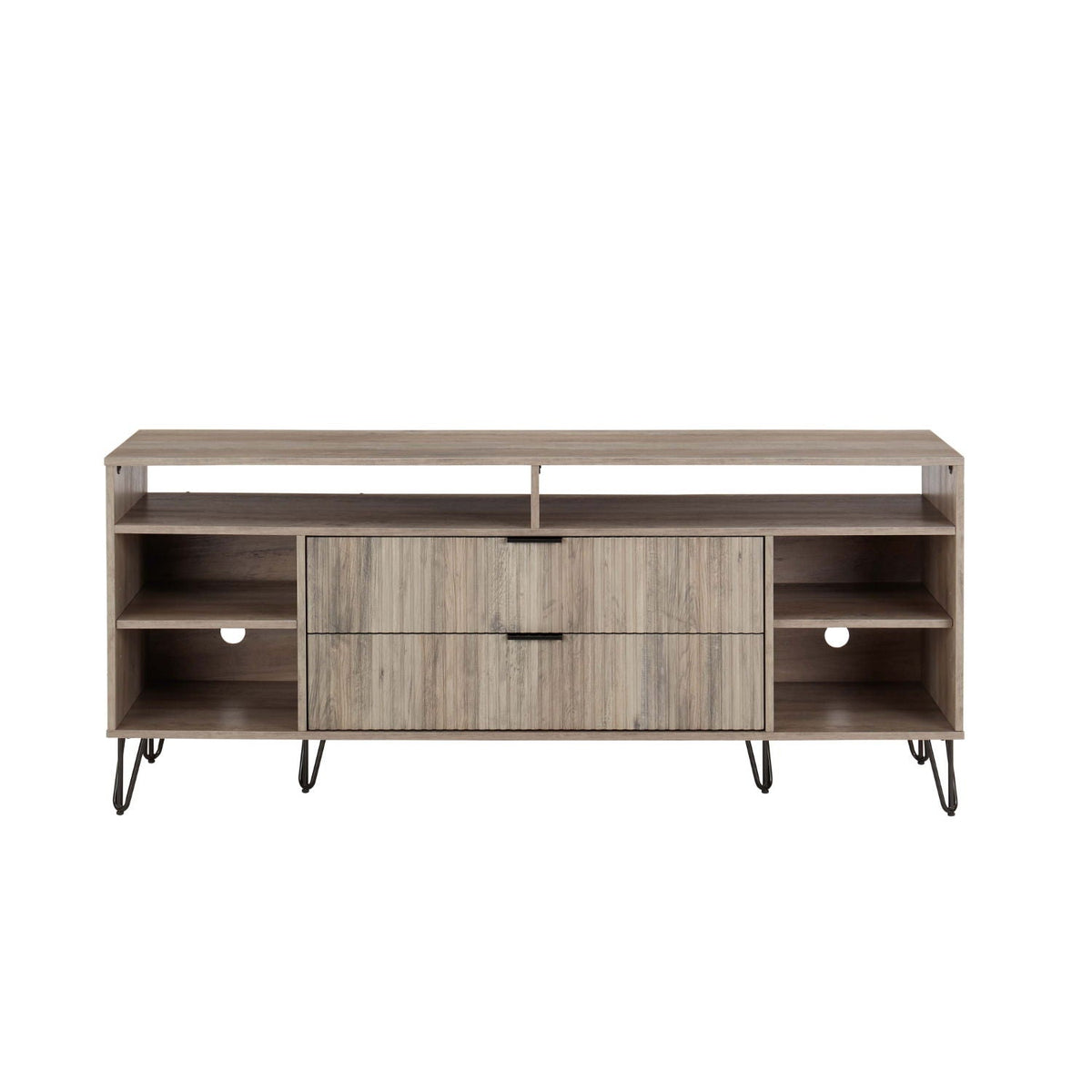 Fluted TV Stand with Storage and Metal Legs in light oak by HouseOfZazla with open shelves on Tampa Home & Garden Store