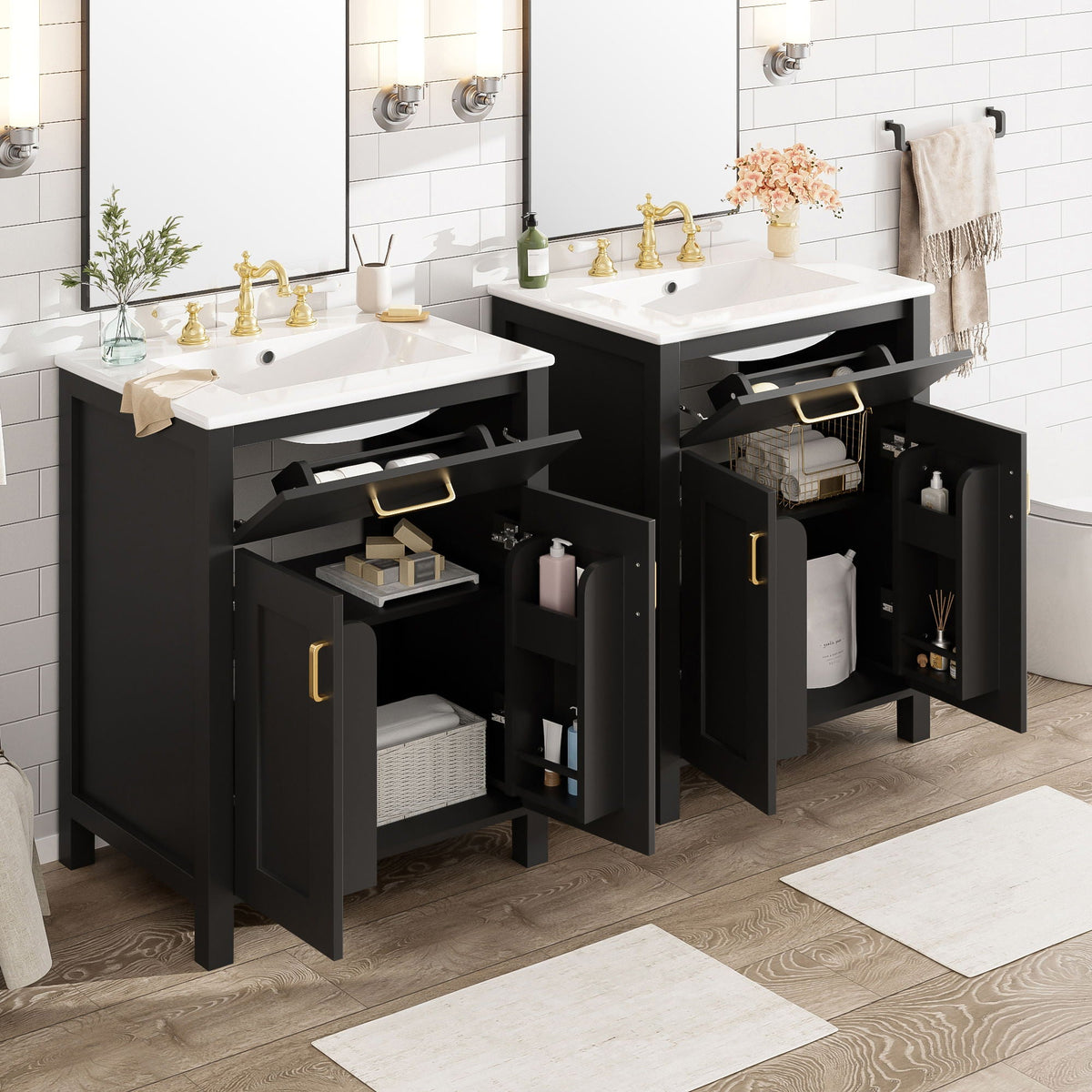 Modern bathroom vanity and soft-close cabinet black base with white counter brass hardware on Tampa Home & Garden Store