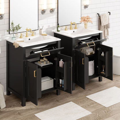 Modern bathroom vanity and soft-close cabinet black base with white counter brass hardware on Tampa Home & Garden Store