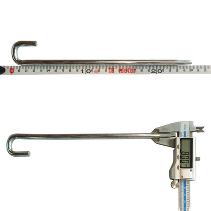Curved chrome tent stake with hooked end beside a caliper for scale, outdoor tent hardware on Tampa Home & Garden Store
