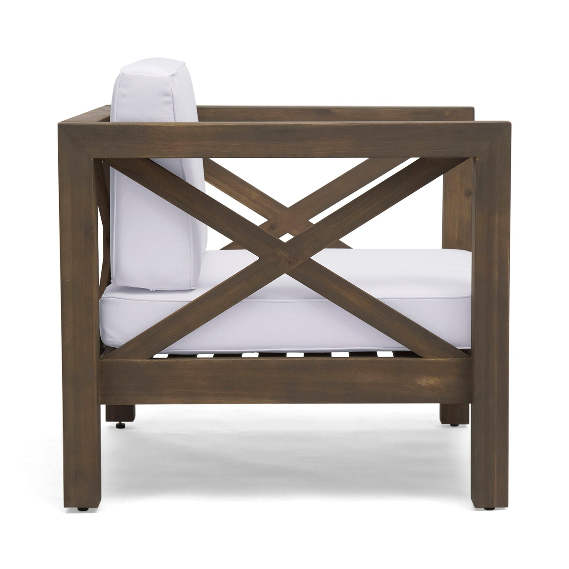 Brava Mid-Century Modern Club Chair white cushions on dark wood outdoor frame on Tampa Home & Garden Store