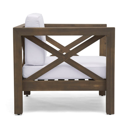 Brava Mid-Century Modern Club Chair white cushions on dark wood outdoor frame on Tampa Home & Garden Store