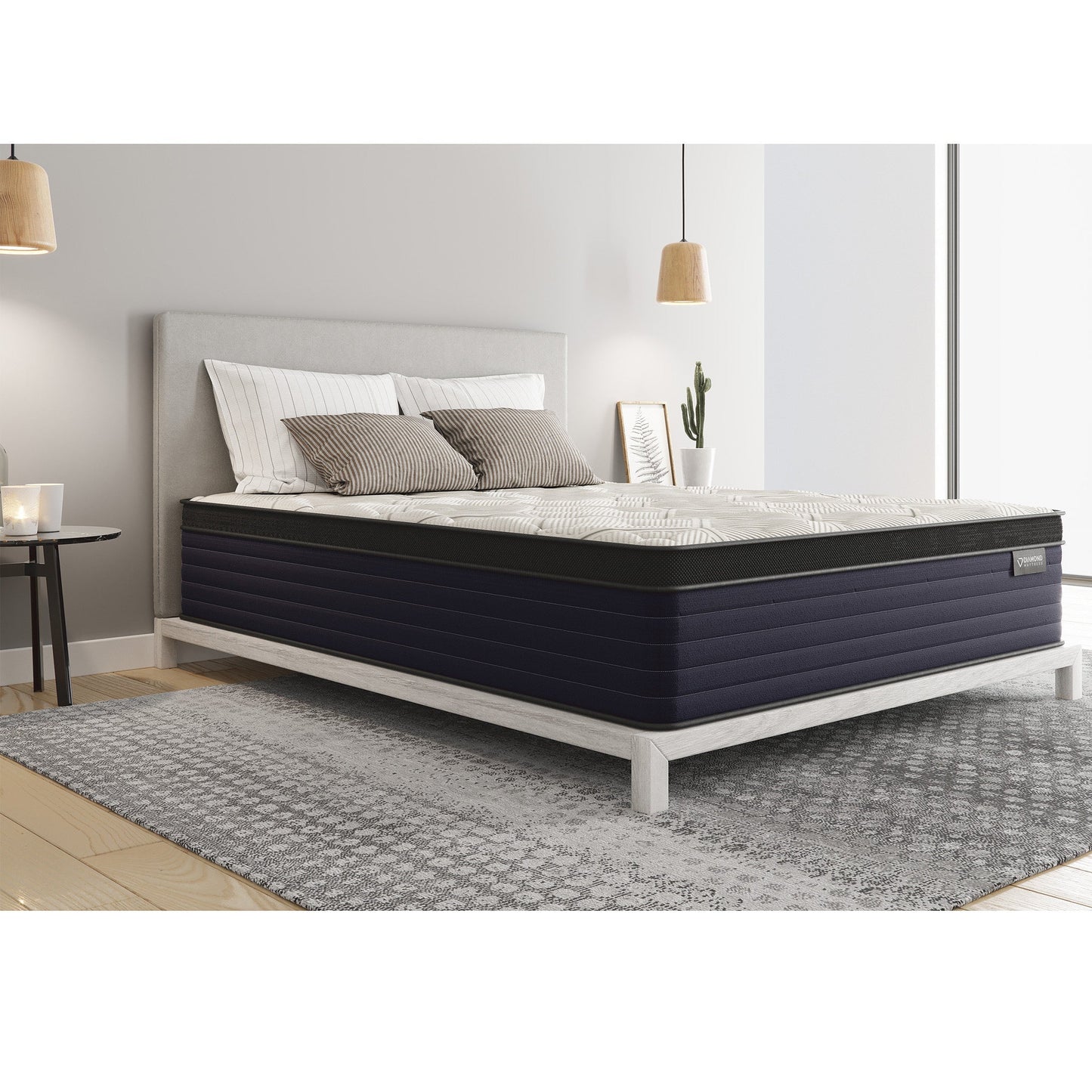 Diamond Cleo Cool Copper King Mattress 14in Euro-Top with firm feel on navy base and headboard on Tampa Home & Garden Store