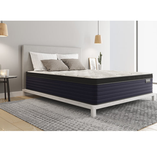 Diamond Cleo Cool Copper King Mattress 14in Euro-Top with firm feel on navy base and headboard on Tampa Home & Garden Store