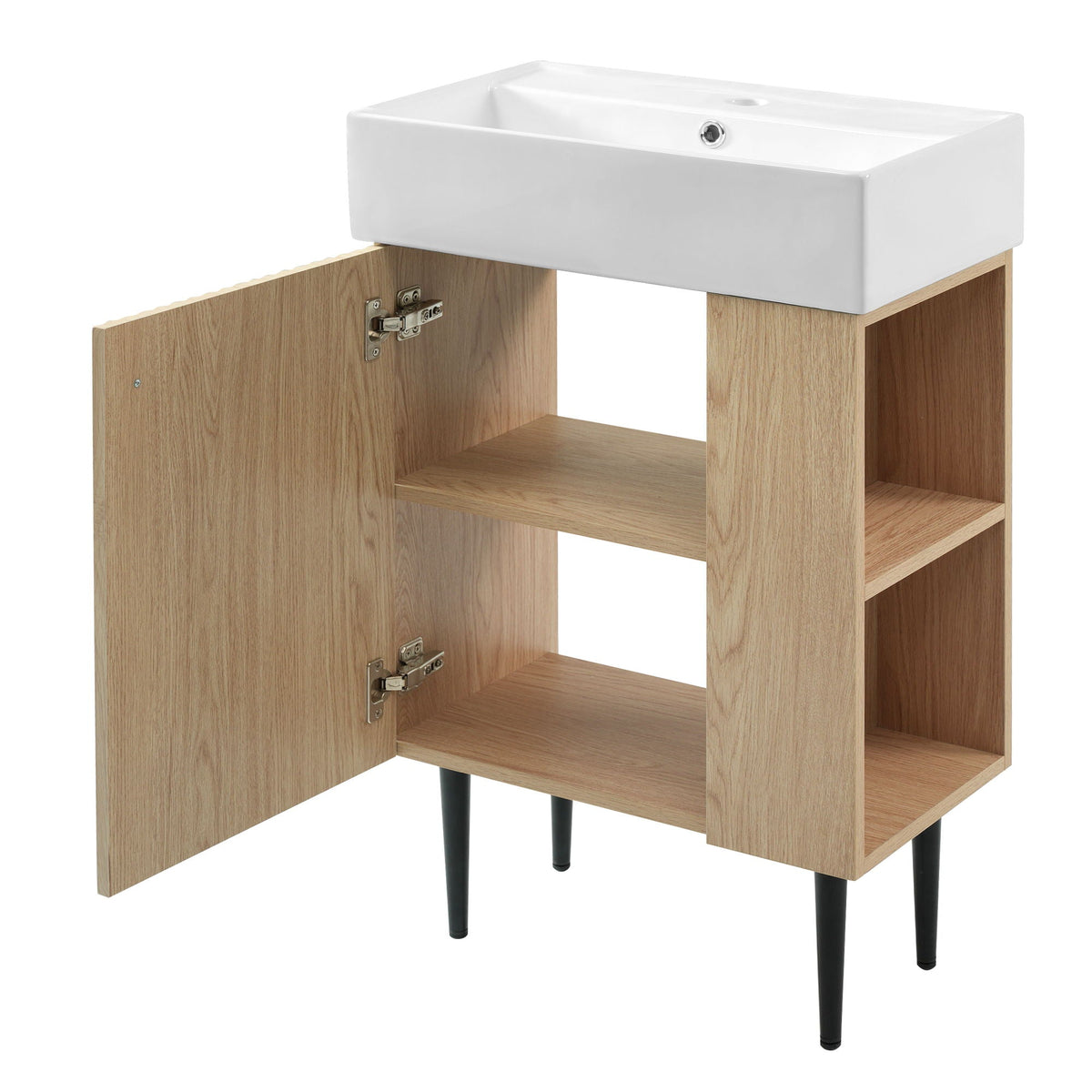 Bathroom Vanity with Single Ceramic Sink on natural wood cabinet with shelves, HouseOfZazla on Tampa Home & Garden Store