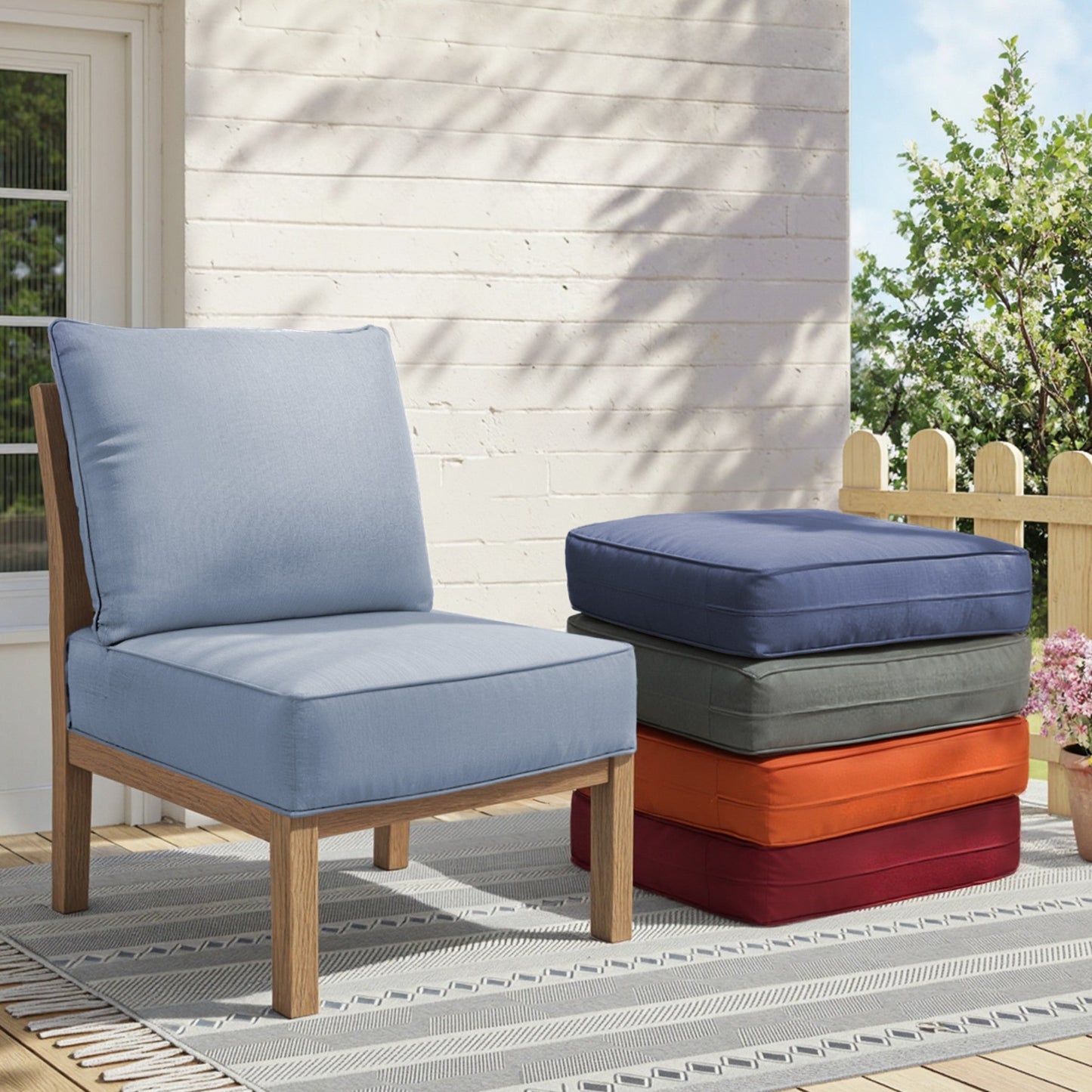 6in Thick Outdoor Chair Cushion Set of two in light blue fabric for patio seating on wooden chairs on Tampa Home & Garden Store
