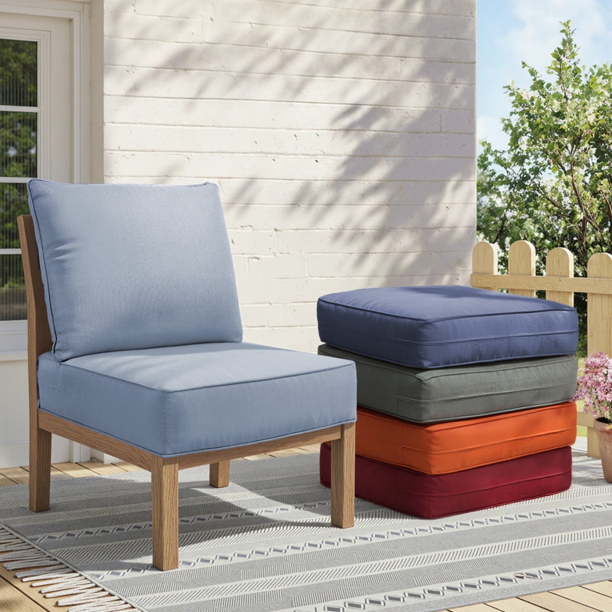 6in Thick Outdoor Chair Cushion Set of two in light blue fabric for patio seating on wooden chairs on Tampa Home & Garden Store