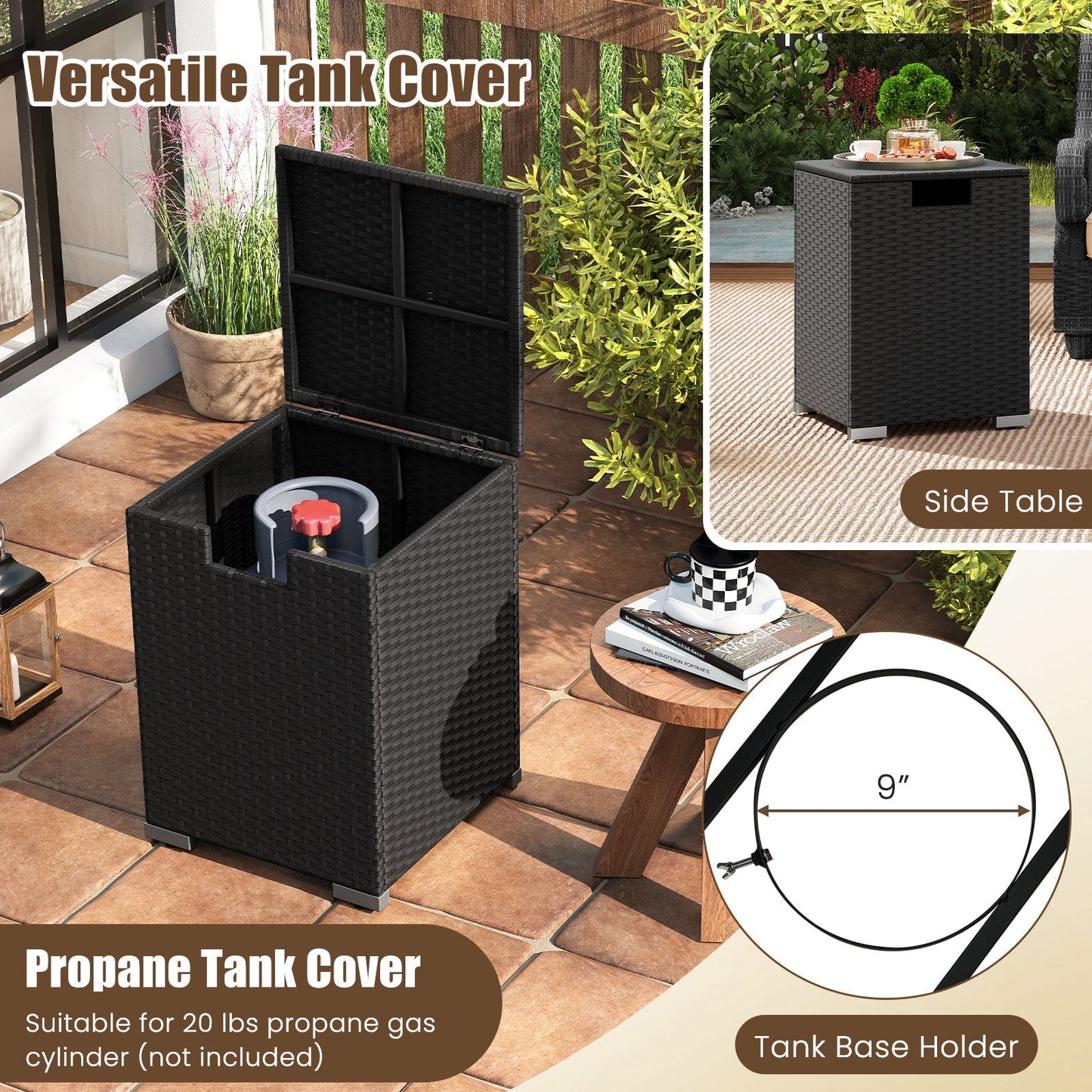 LJGDeals black outdoor rattan fire table set with 32-inch rectangular gas firepit and tank cover on Tampa Home & Garden Store