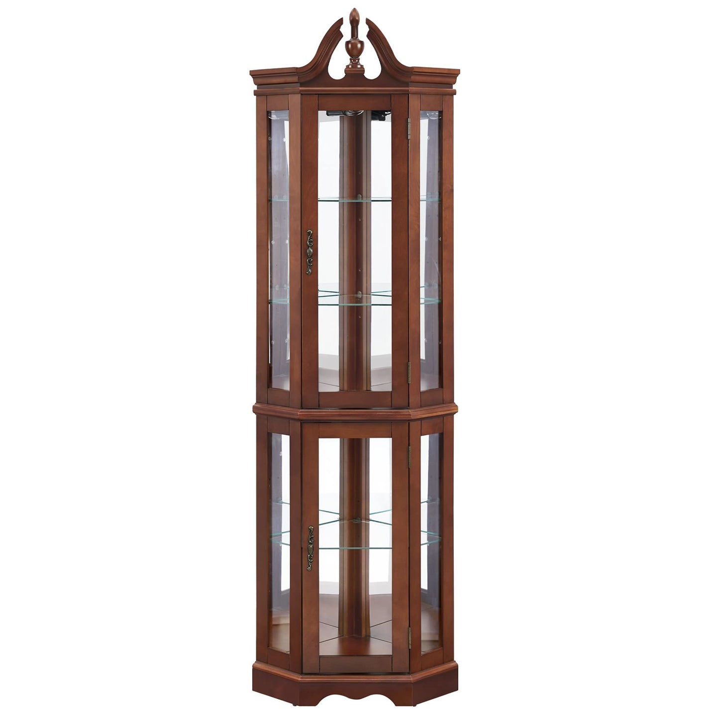 Corner curio cabinet with lights in walnut finish and glass doors on Tampa Home & Garden Store