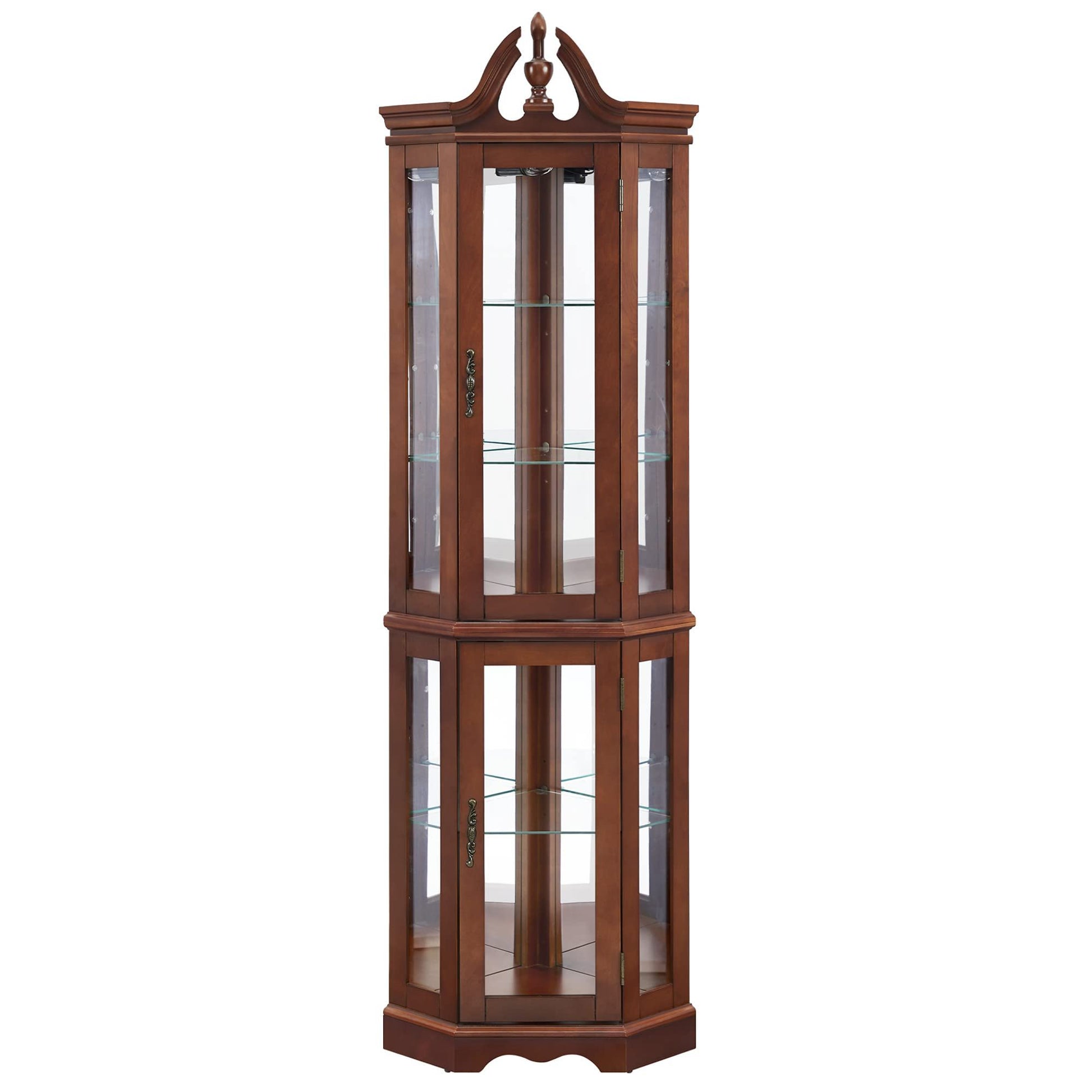 Corner curio cabinet with lights in walnut finish and glass doors on Tampa Home & Garden Store