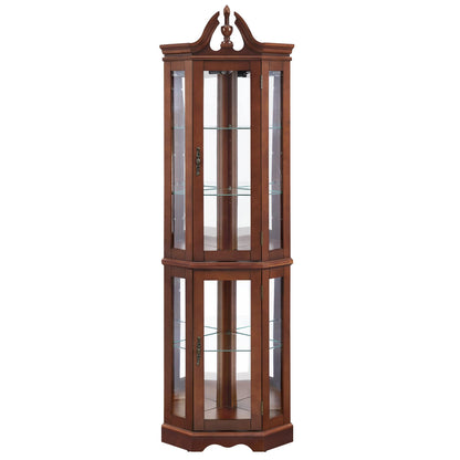Corner curio cabinet with lights in walnut finish and glass doors on Tampa Home & Garden Store