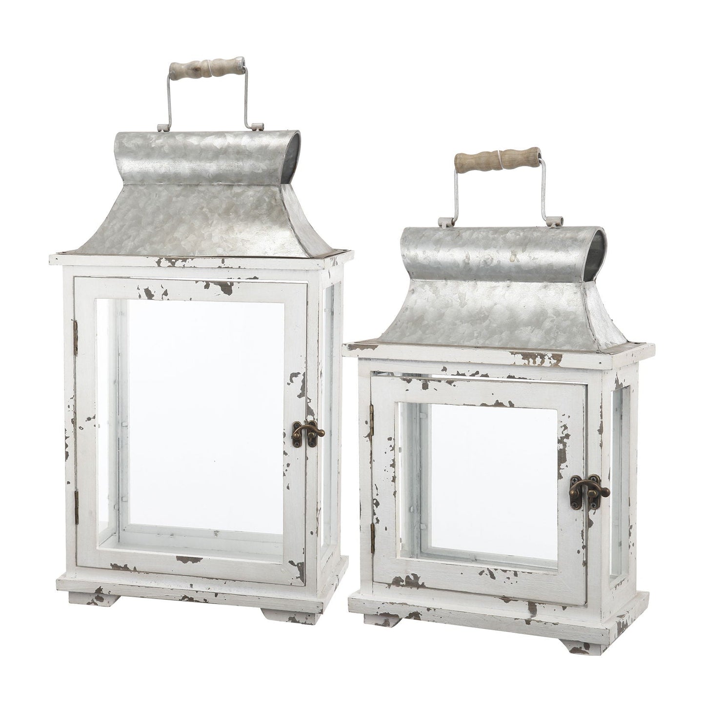 Wooden lanterns set of two with distressed white frames and galvanized metal tops on Tampa Home & Garden Store