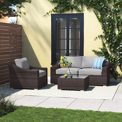 Outdoor Wicker Set With Glass Table And Cushions