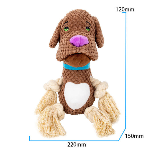 Dog plush toy with brown fur, white belly, purple nose, blue collar and knotted rope legs on Tampa Home & Garden Store