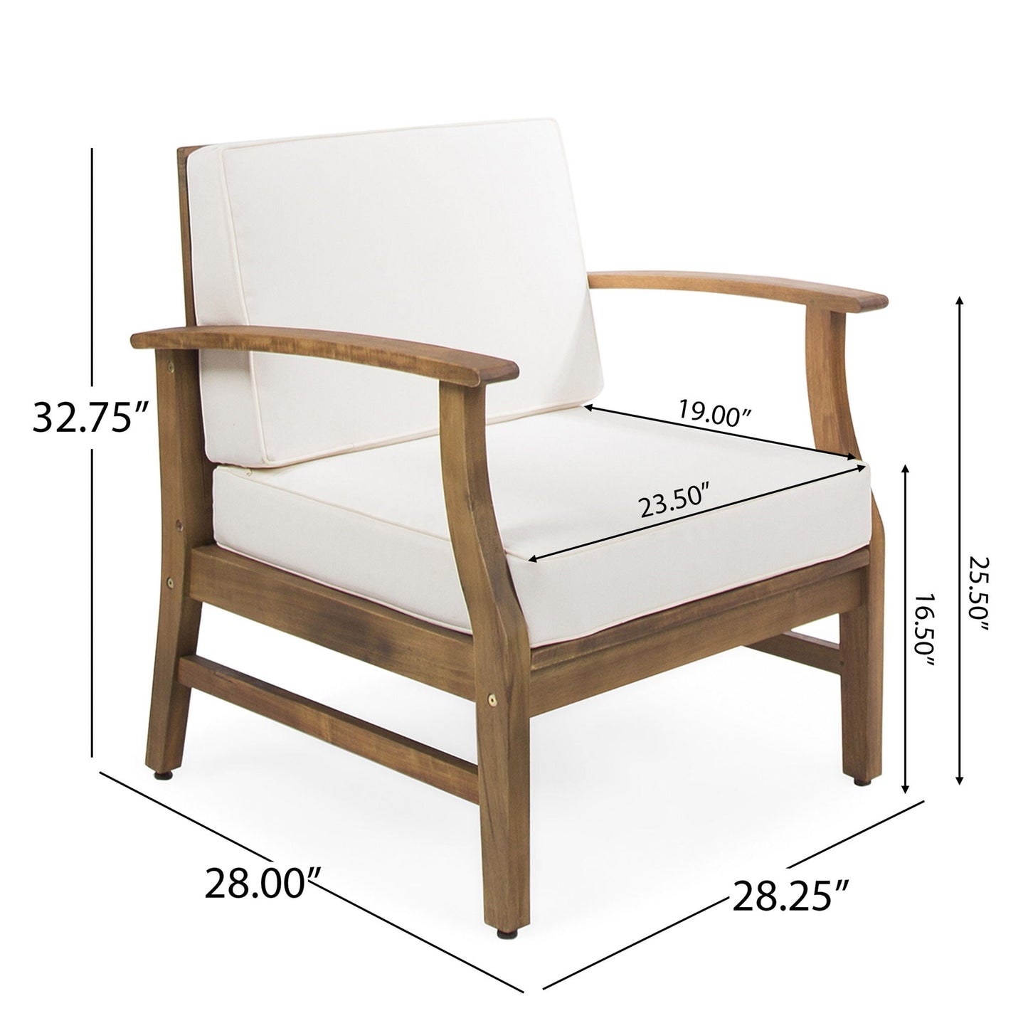Perla Contemporary Club Chair with Water Resistant Cushion white outdoor cushions wooden frame on Tampa Home & Garden Store