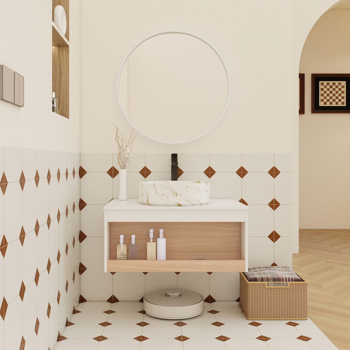 Floating bathroom vanity with vessel sink, white and wood finish, marble basin on Tampa Home & Garden Store