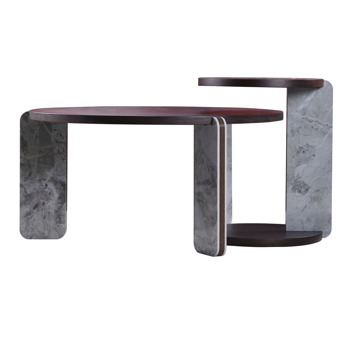 Coffee table set with faux marble top in dark brown, round tabletop and marble slab legs on Tampa Home & Garden Store