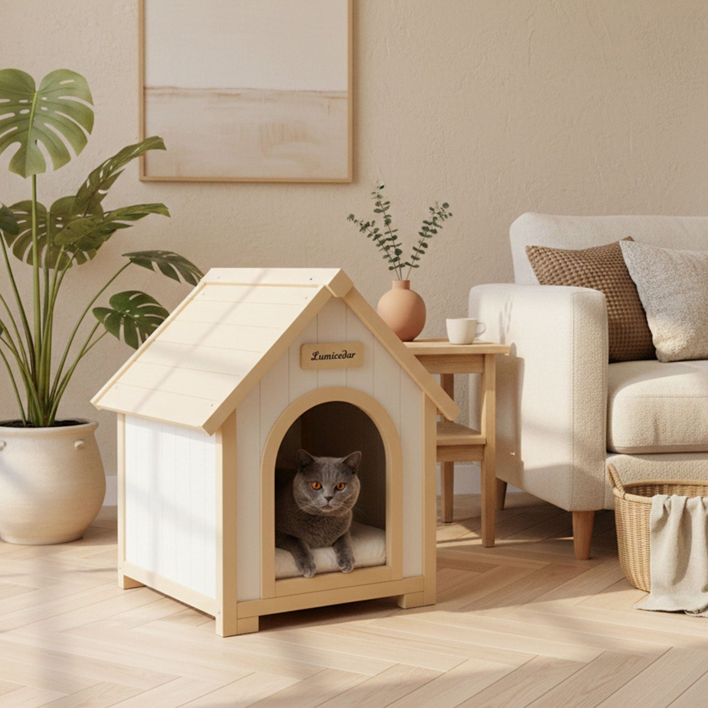 Indoor dog house with cushion in creamy white and light yellow wood A-frame with ramp on Tampa Home & Garden Store