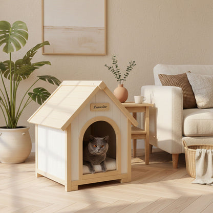 Indoor dog house with cushion in creamy white and light yellow wood A-frame with ramp on Tampa Home & Garden Store