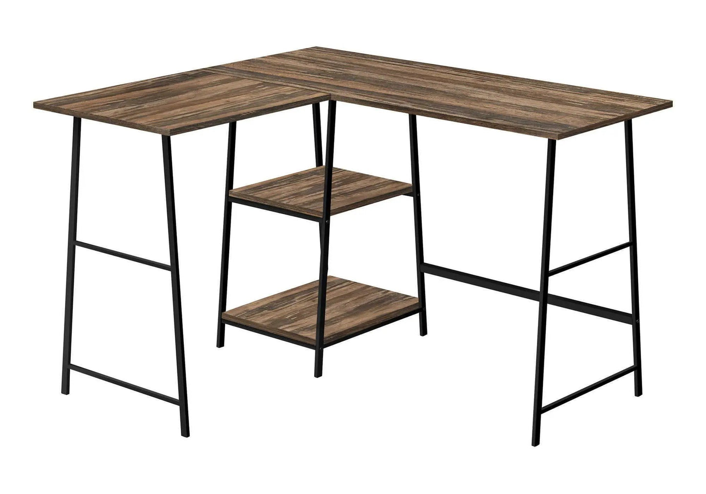 L-shaped computer desk in brown wood grain with a two-shelf center and black metal legs on Tampa Home & Garden Store