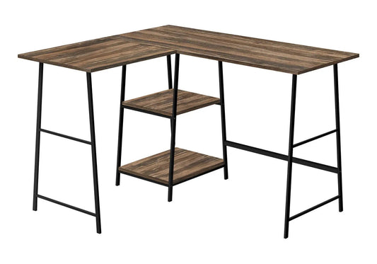 L-shaped computer desk in brown wood grain with a two-shelf center and black metal legs on Tampa Home & Garden Store