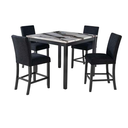 Leoncia 5-piece bar set with espresso legs and white marble top, dark upholstered chairs on Tampa Home & Garden Store