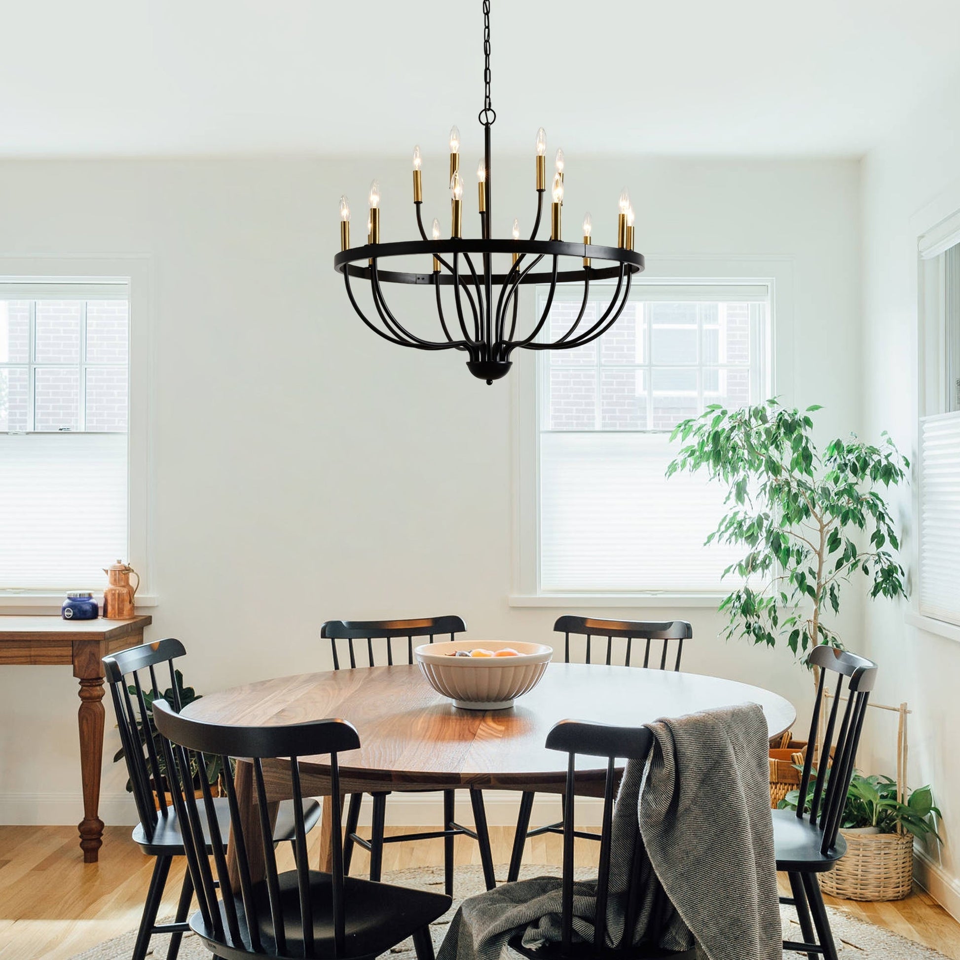 15-light black iron chandelier with candle bulbs and round ring farmhouse pendant on Tampa Home & Garden Store