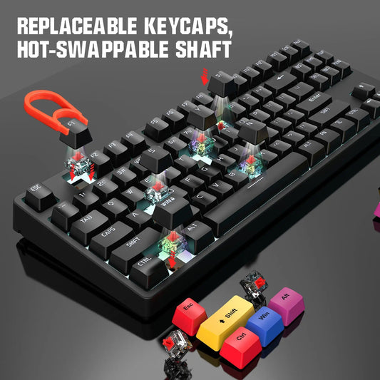 87-key wired mechanical keyboard with red switches, black frame, rainbow bottom-row keys on Tampa Home & Garden Store